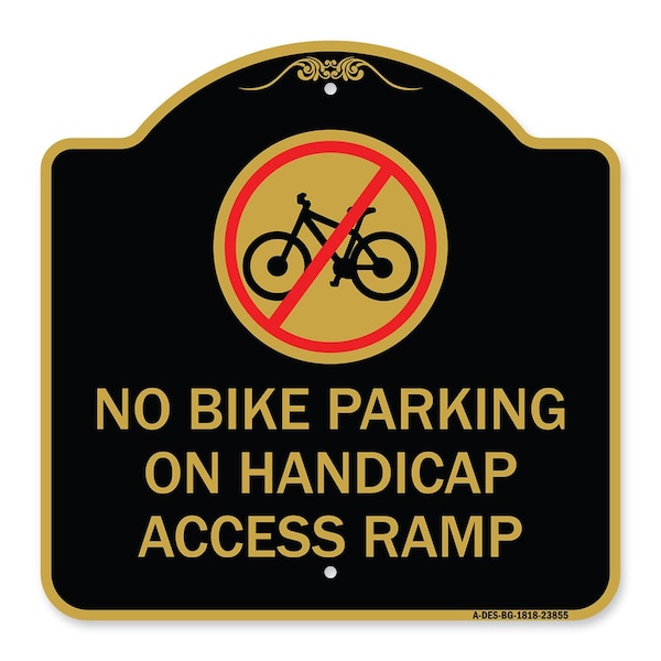Signmission No Bike Parking on Handicap Access Ramp, Black & Gold Aluminum Sign, 18" x 18", BG-1818-23855 A-DES-BG-1818-23855 - main